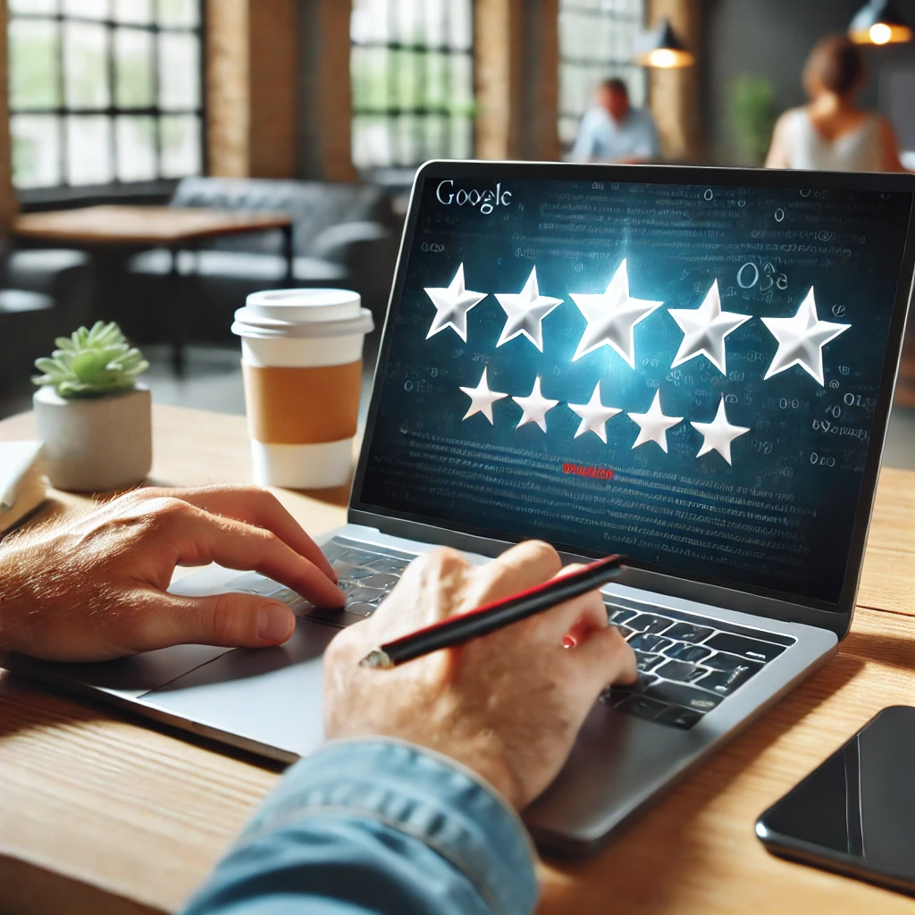 A person writing a Google review on a laptop, providing feedback for a business.