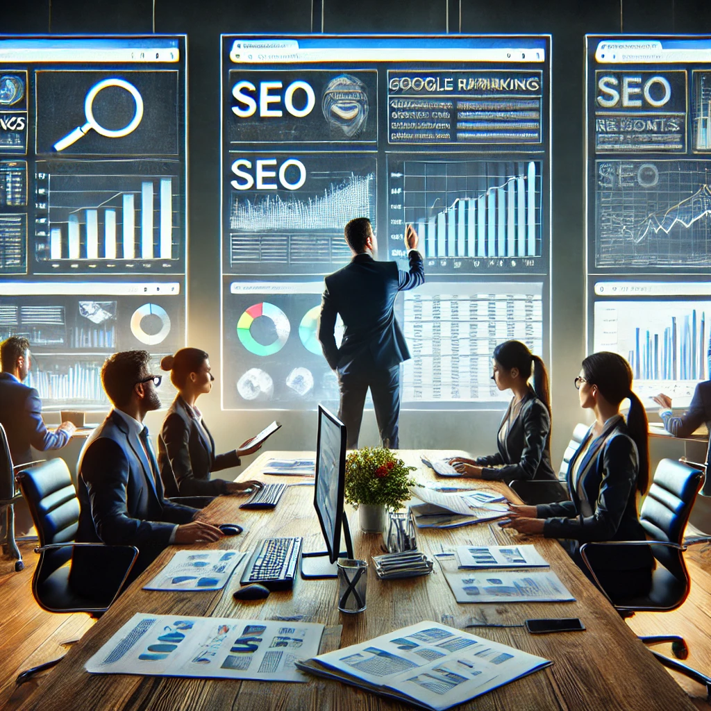A business team analyzing SEO reports and improving Google rankings on a digital dashboard.